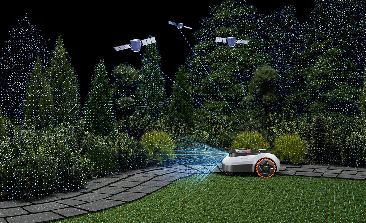 En robotgräsklippare navigerar över en gräsmatta med hjälp av NRTK-satellitdata och bygger virtuella gränser, vilket helt ersätter behovet av en fysisk begränsningskabel.