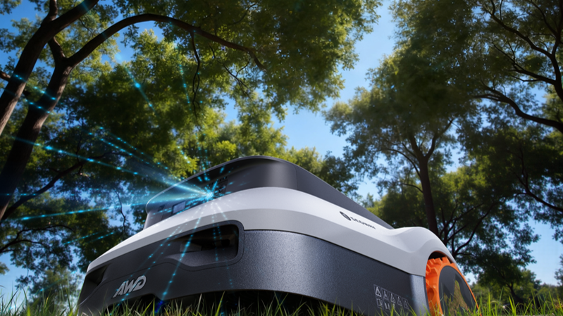 En närbild på en avancerad slinglös robotgräsklippare med AI-navigering, som representerar en smart och kostnadseffektiv engångsinvestering jämfört med löpande priser för traditionella gräsklippningstjänster.