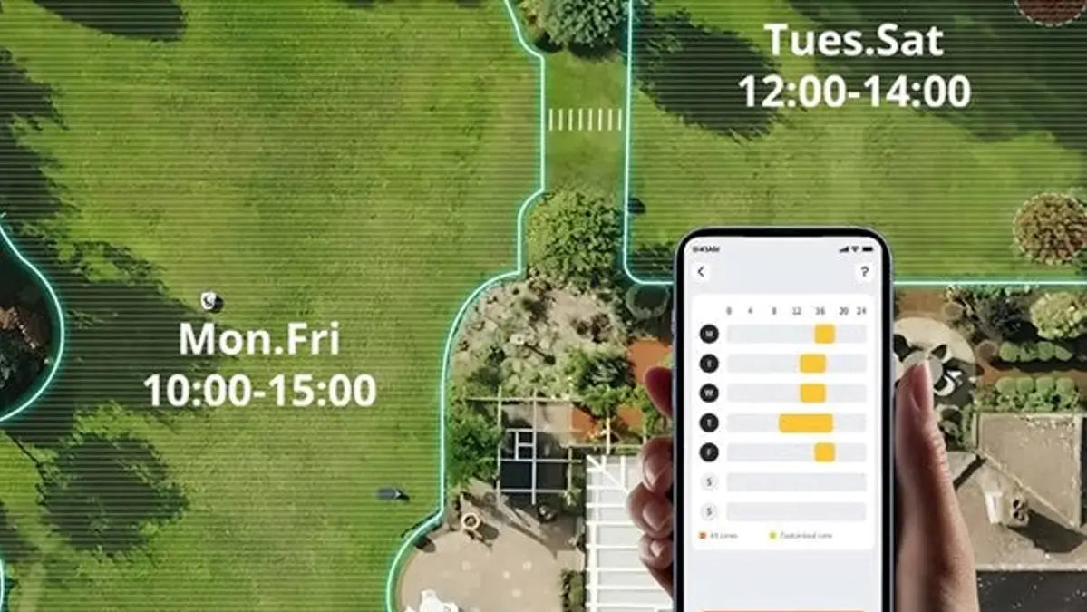 Smartphone med Navimow-appen som visar olika klippscheman för olika trädgårdszoner.