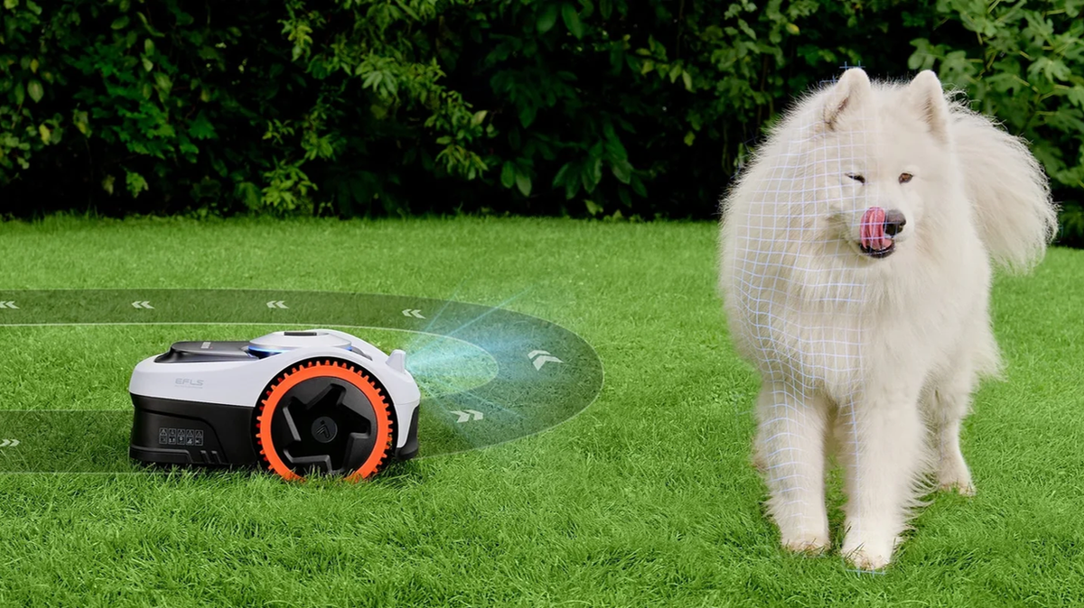 Robotgräsklippare med AI-kamera som identifierar och undviker en vit hund på gräsmattan.