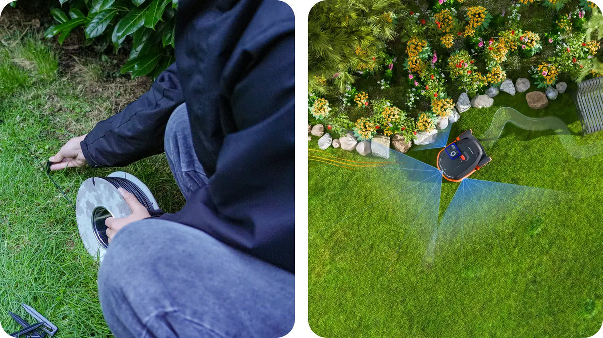 Jämförelse mellan en person som manuellt installerar en begränsningskabel i gräsmattan och en modern slinglös robotgräsklippare som navigerar med virtuella gränser.
