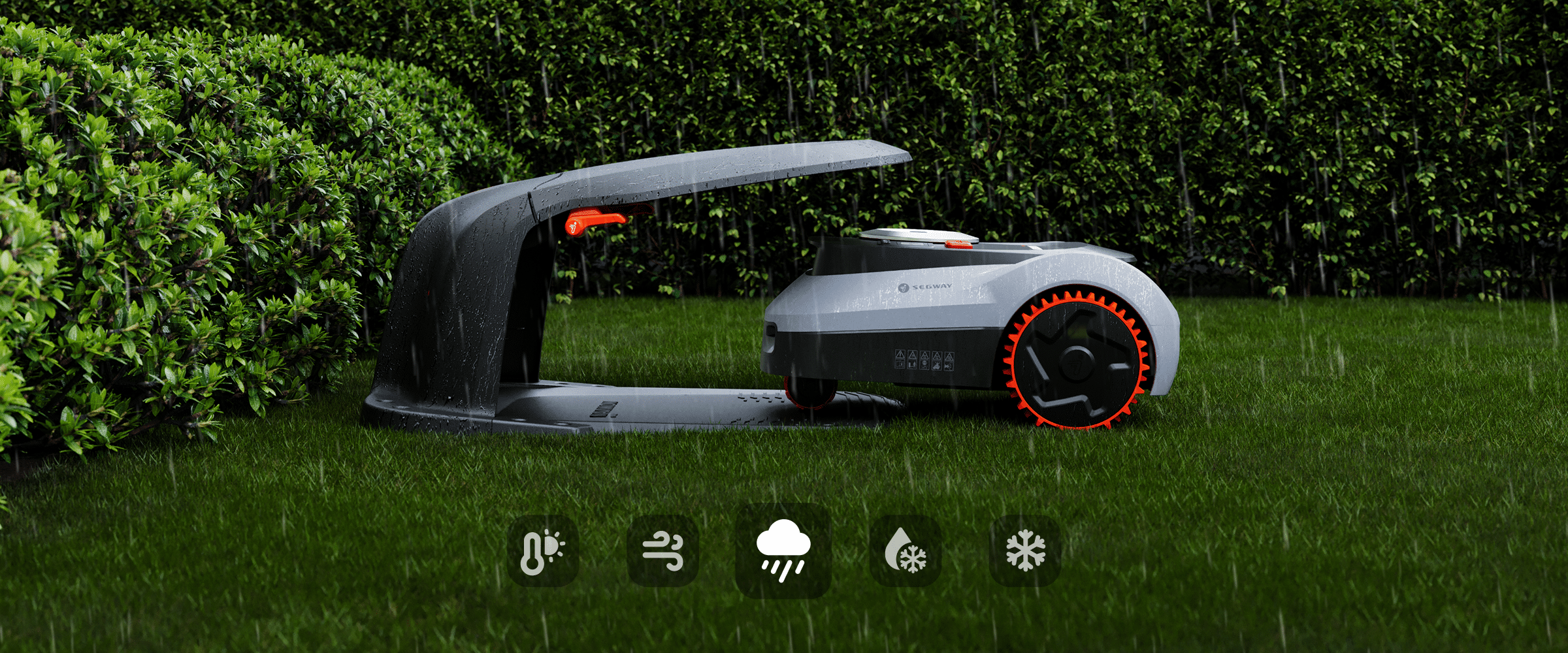 <p>Pausar automatiskt klippningen vid kraftigt regn, snö, frost, hård vind eller extrem hetta och går själv tillbaks och dockar.</p>