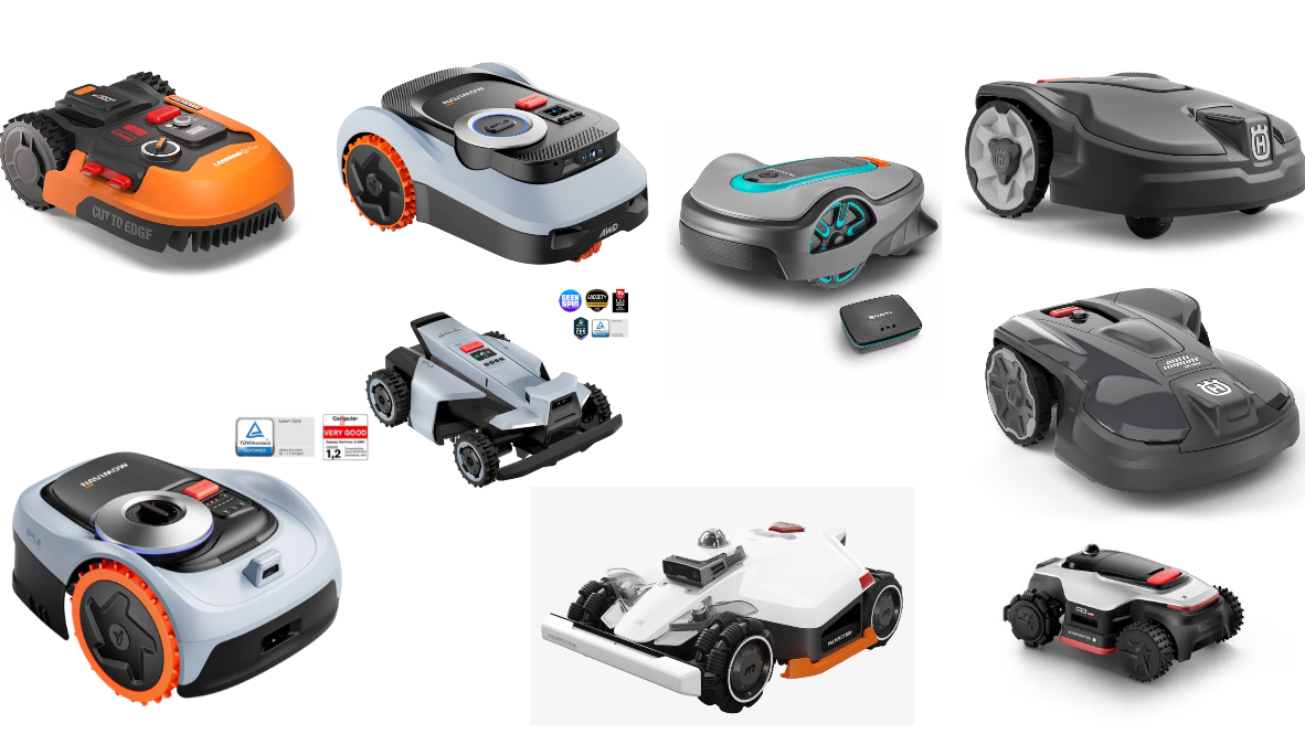 Samling av populära robotgräsklippare 2026, inklusive modeller från Worx, Navimow, Gardena, Husqvarna, Mammotion och Dreame för olika trädgårdsstorlekar och behov.