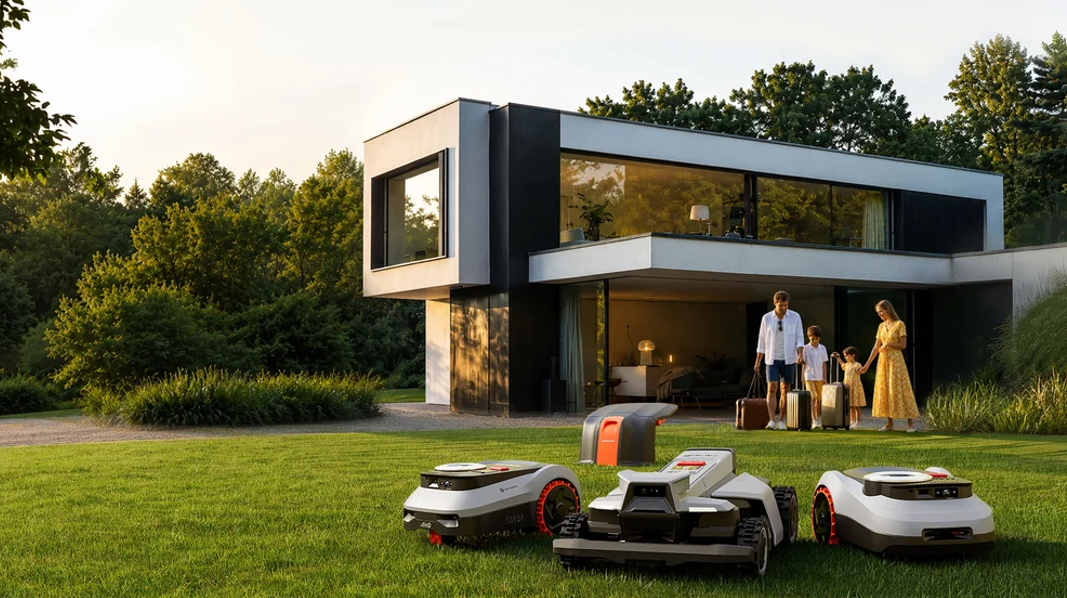 Tre högpresterande robotgräsklippare står parkerade på gräsmattan vid huset.