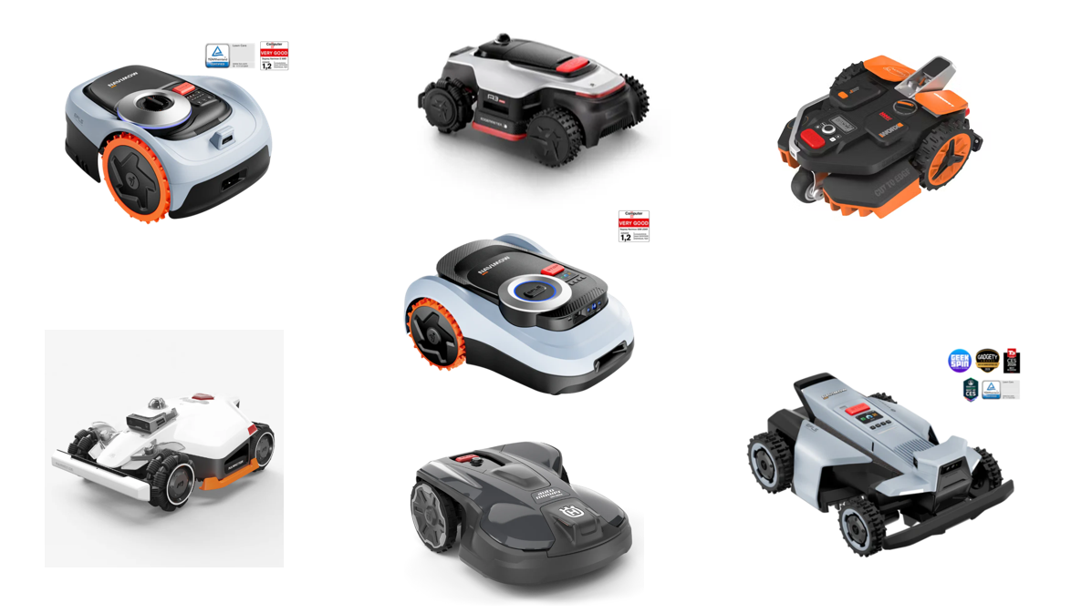 En översiktsbild som visar sju olika modeller av robotgräsklippare från olika tillverkare för jämförelse.