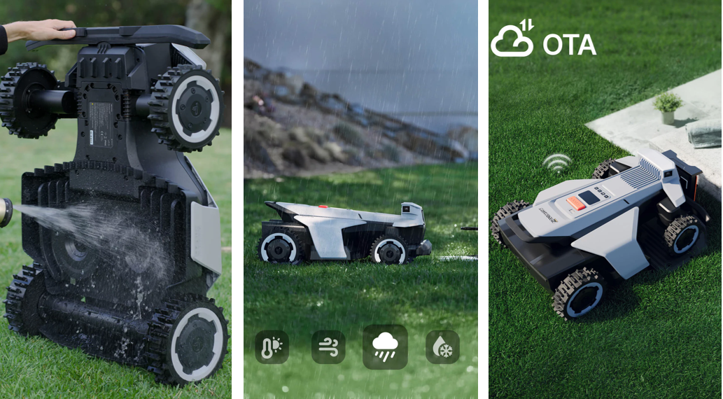 Tre bilder som visar hur en robotgräsklippare rengörs undertill med vattenslang, tål regn utomhus samt uppdateras trådlöst via OTA.