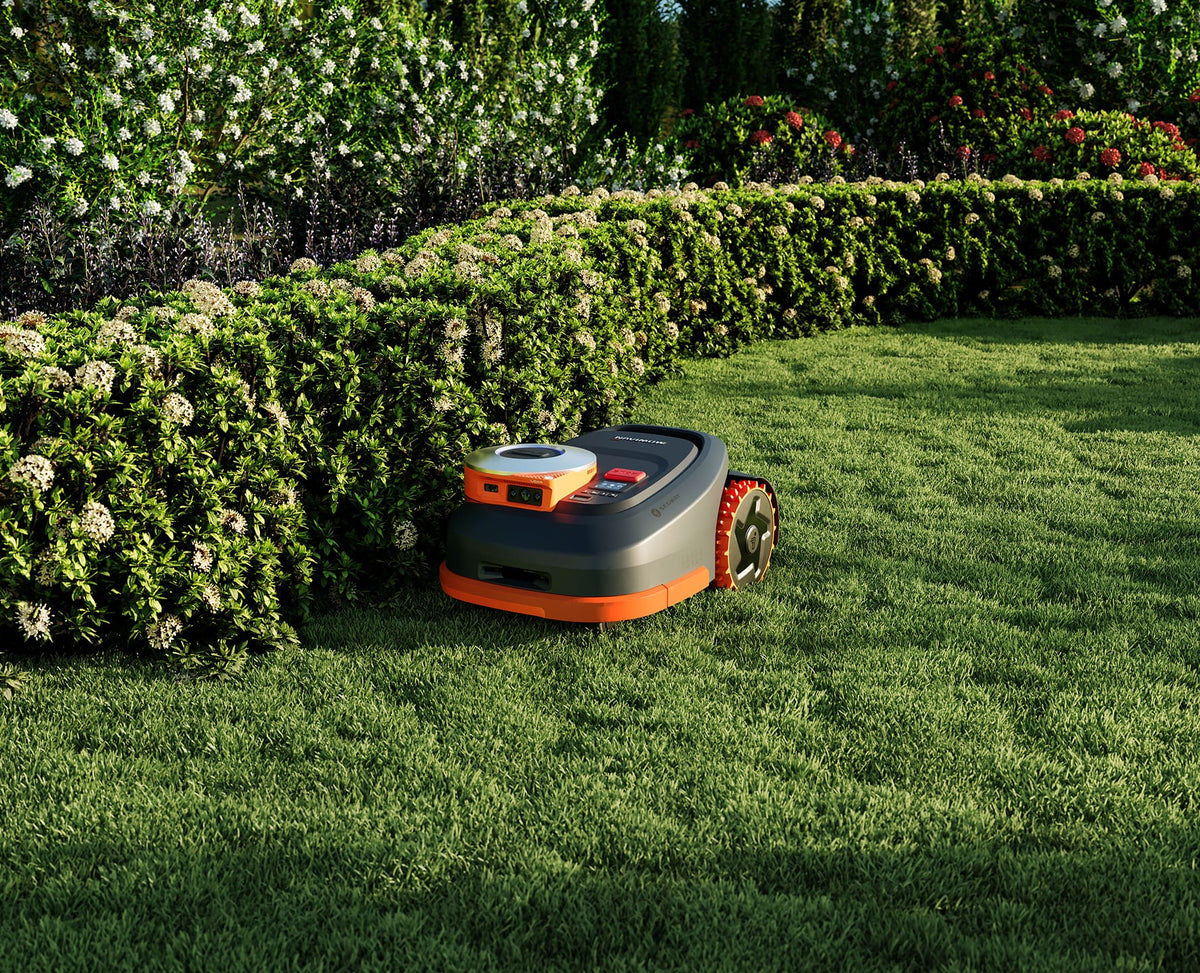 Navimow i105E robotgräsklippare klipper gräset i en lummig grön trädgård.