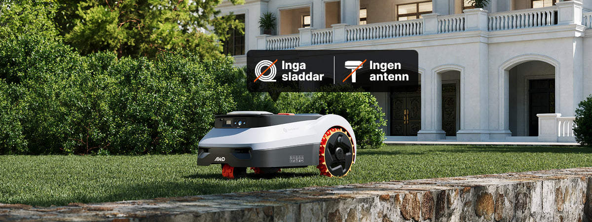 Navimow i105E robotgräsklippare klipper framför ett vitt lyxigt hus.