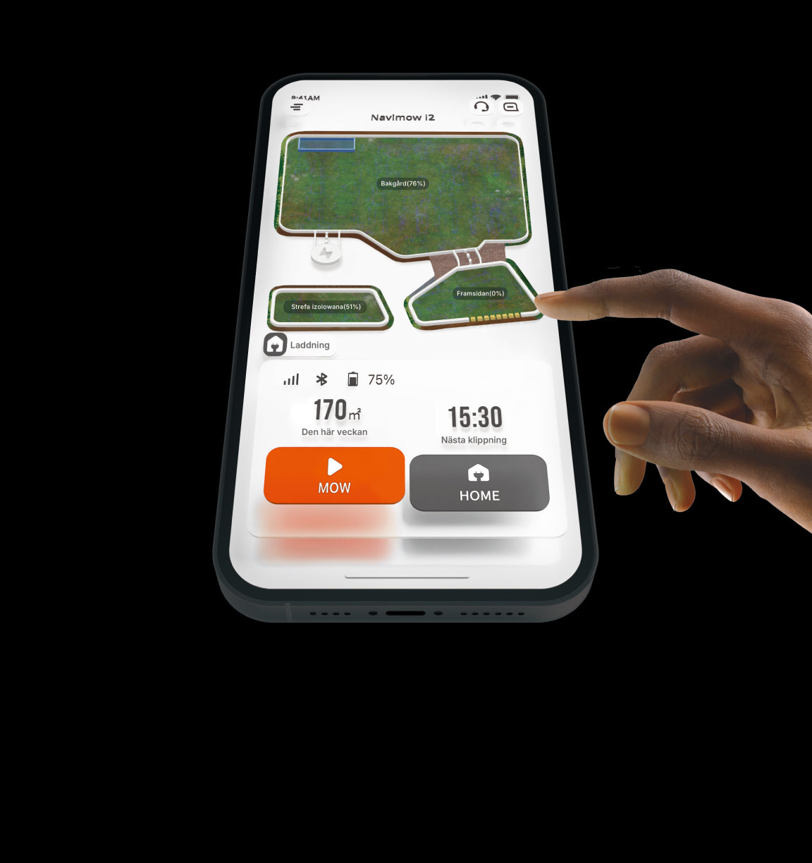 Navimow i2 robotgräsklippare styrs via en app på en smartphone.